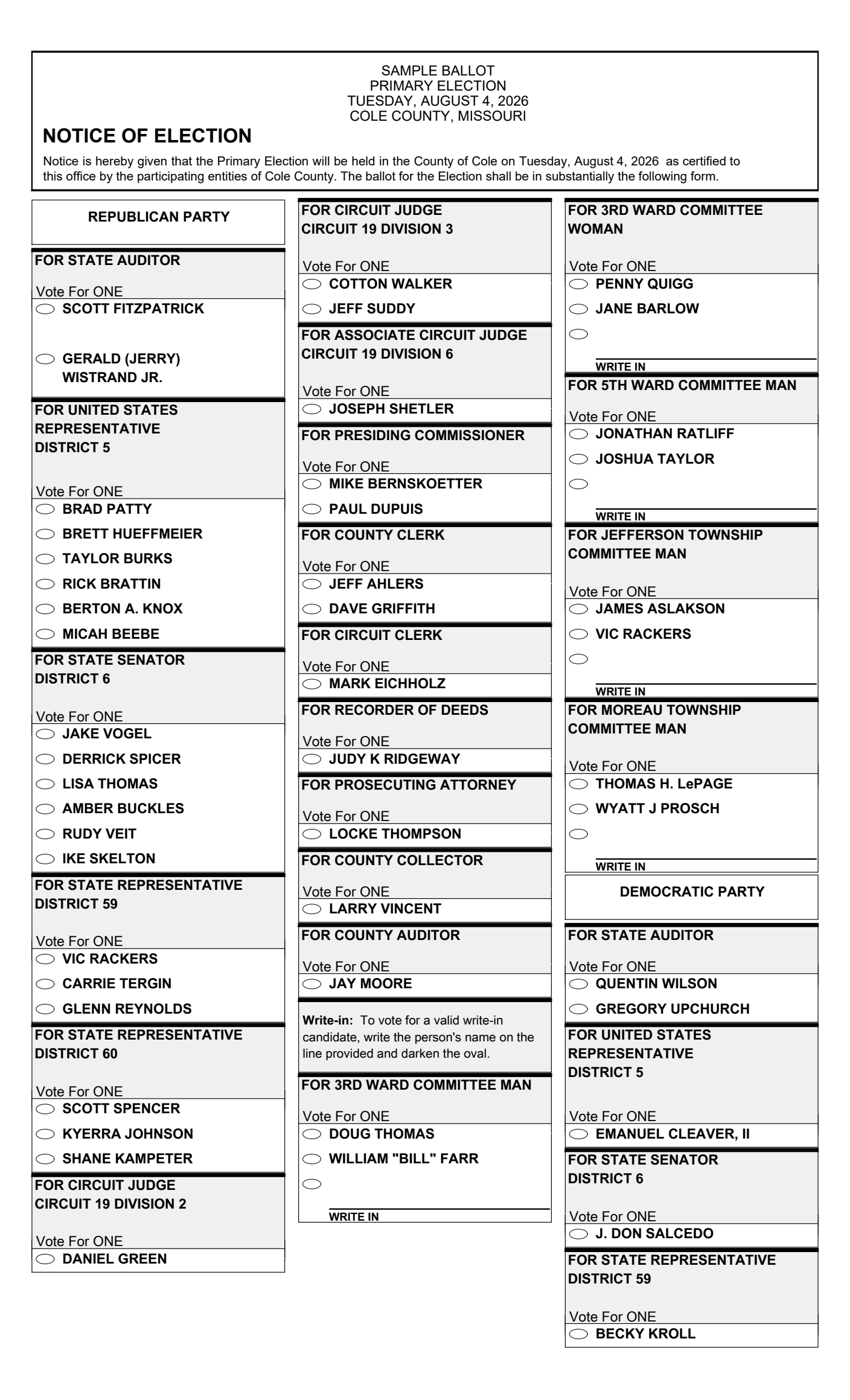 Committee Sample August 4 Sample Ballot — Cole County Democrats